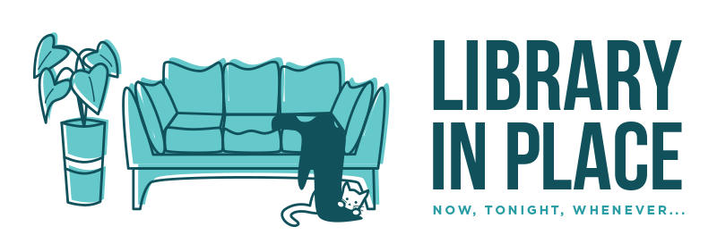 Library in Place branding illustration: a couch with a houseplant next to it and
a cat hiding under a blanket in front of the couch.