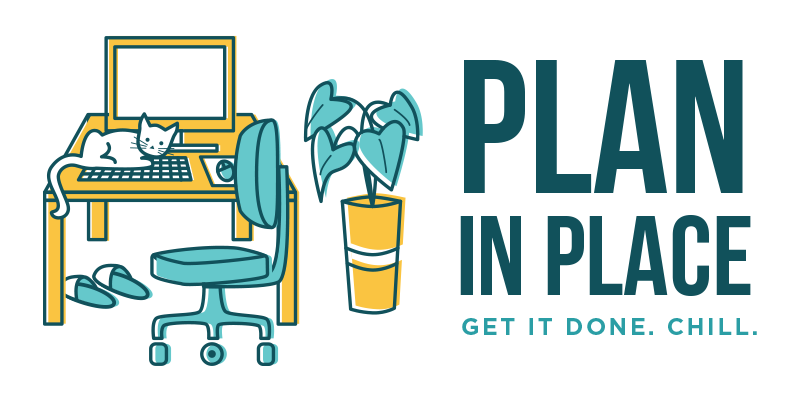 Plan in Place branding illustration: a desk with computer and desk chair with a
house plant next to it and a cat sitting on the keyboard.