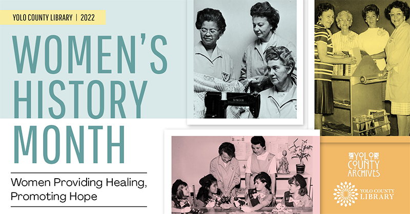 Women's History Month branding with historical photos featuring local women with different transparent pastel color overlays