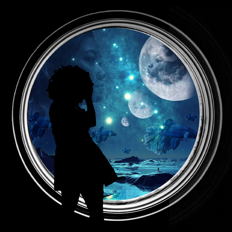 Adventures in Bookland teen summer reading artwork: silhouette
of a girl standing in front of a large porthole style window looking out on a sci-fi fantasy scene with an oversized moon and betta fish swimming in the sky