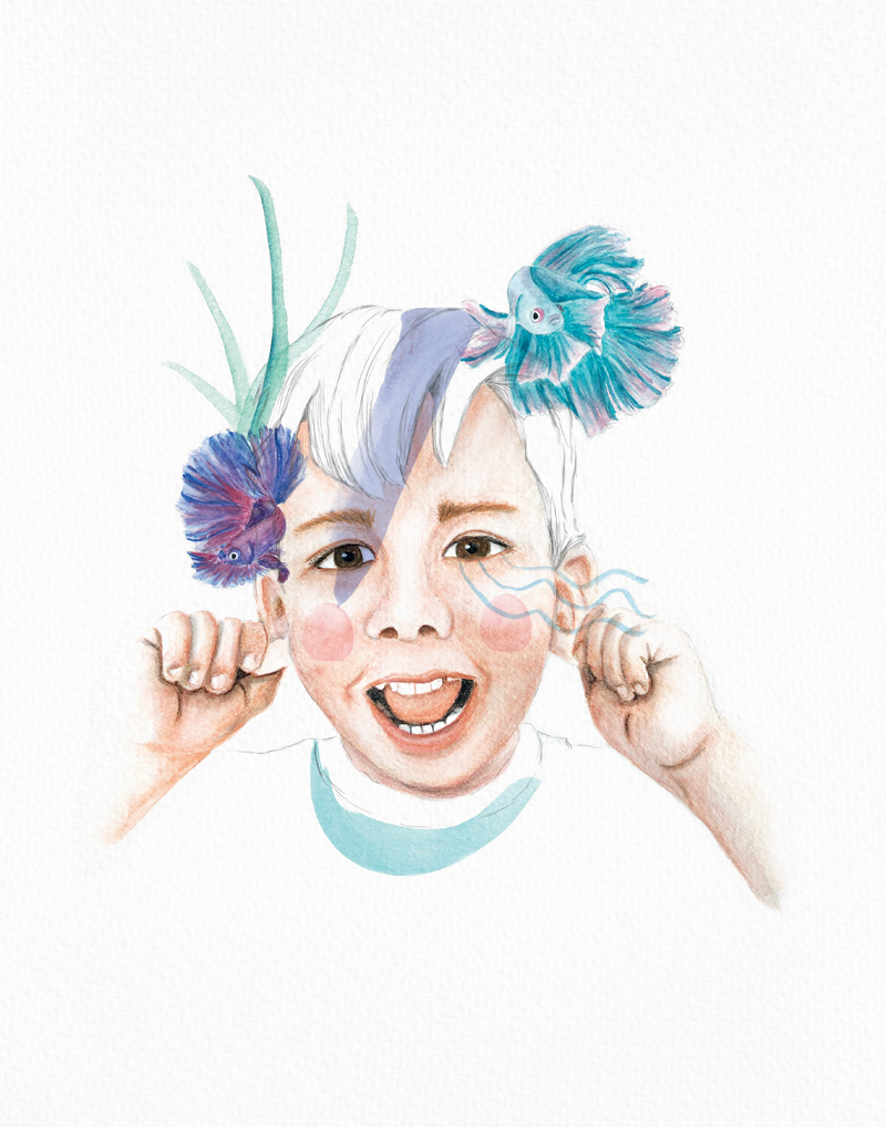 watercolor portrait of a boy pulling his ears with a big smile featuring betta fish