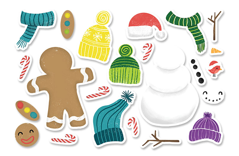 illustrated Christmas stickers of a build your own snowman and gingerbread person