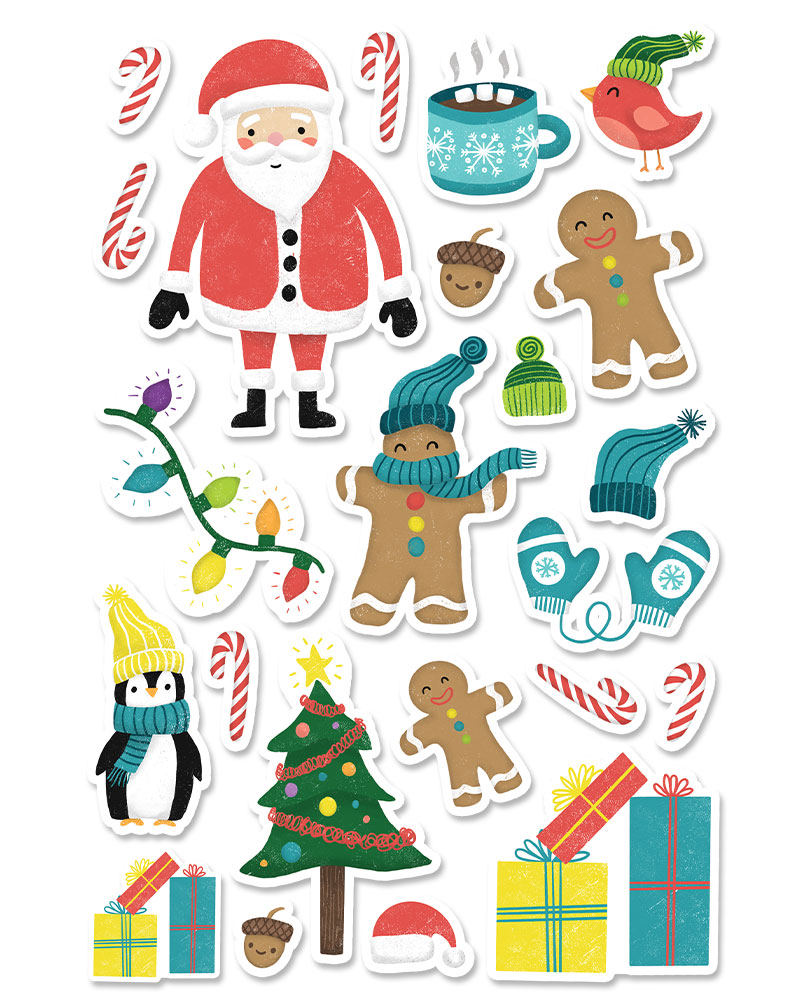 illustrated Christmas stickers featuring santa, a snowman, gingerbread people, candy canes, and more