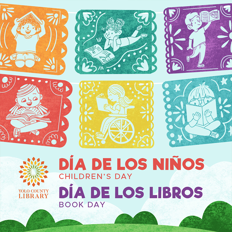 cute illustration of papel picado with diverse children reading books