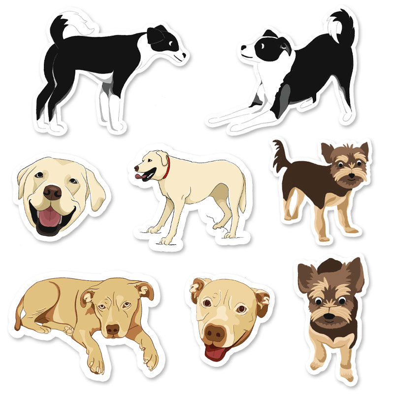 illustrated stickers of various dogs
