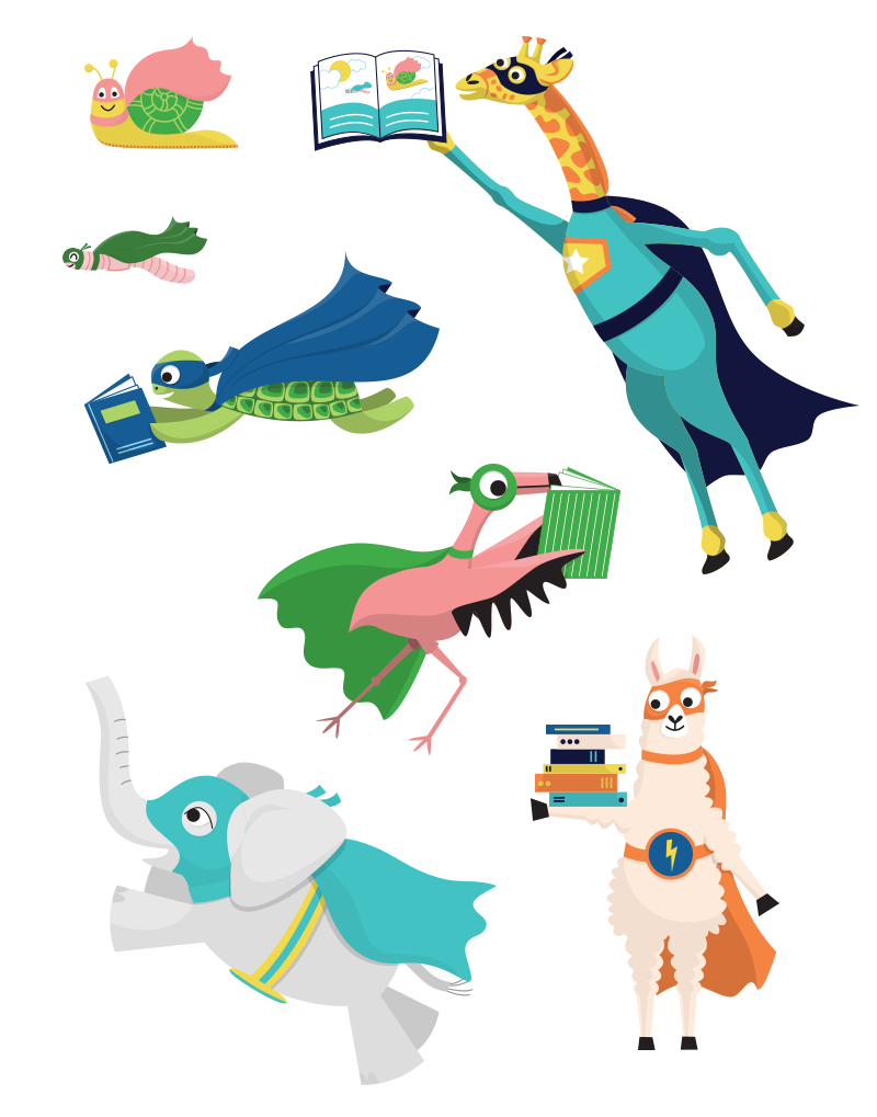 Dare to Read animal superheros featuring a snail, earthworm, flamingo reading a book, 
giraffe reading a book, turtle reading a book, llama holding a stack of books and elephant.