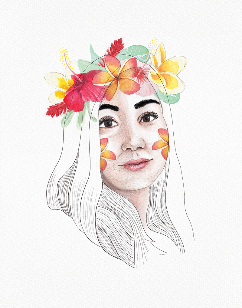 watercolor portrait of a woman featuring a flower head lei
