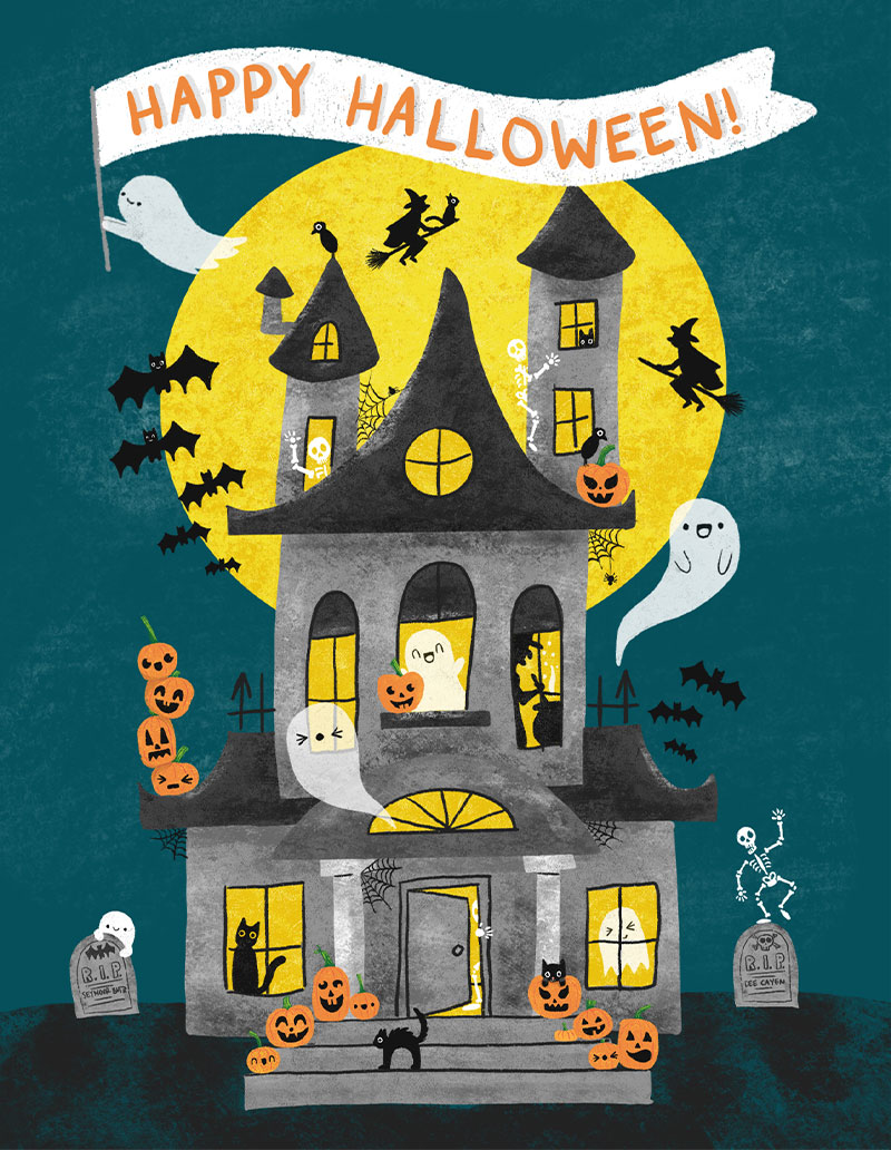 illustration of a haunted house featuring cute ghosts, black cats, skeletons, bats and jack-o-lanterns