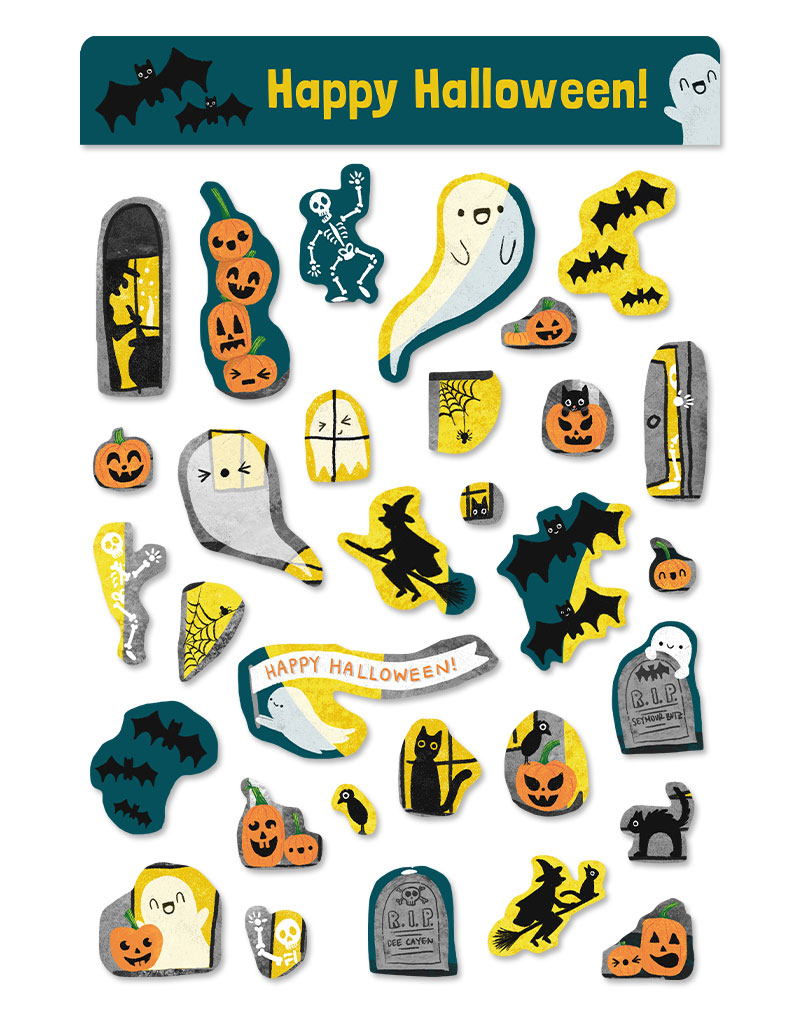 illustrated stickers of a haunted house featuring cute ghosts, black cats, skeletons, bats and jack-o-lanterns