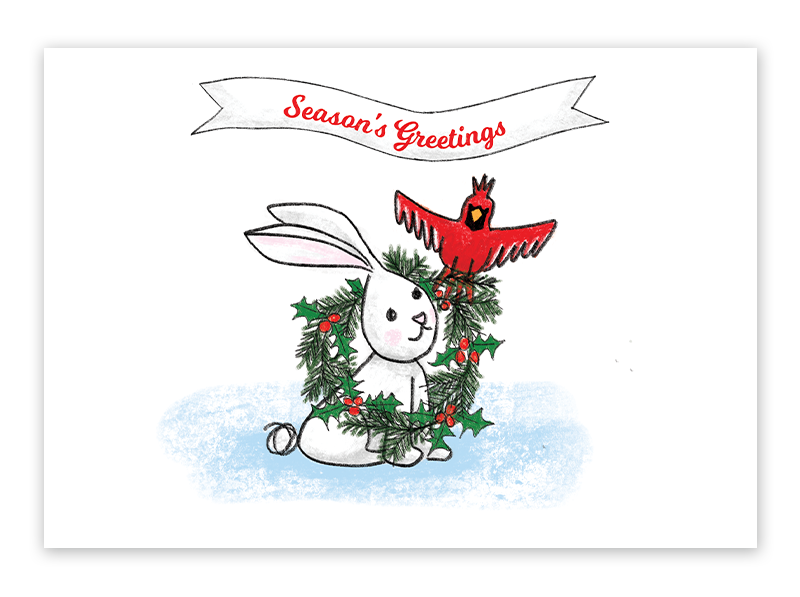 illustration of a bunny with a wreath and a banner that says Season's Greetings