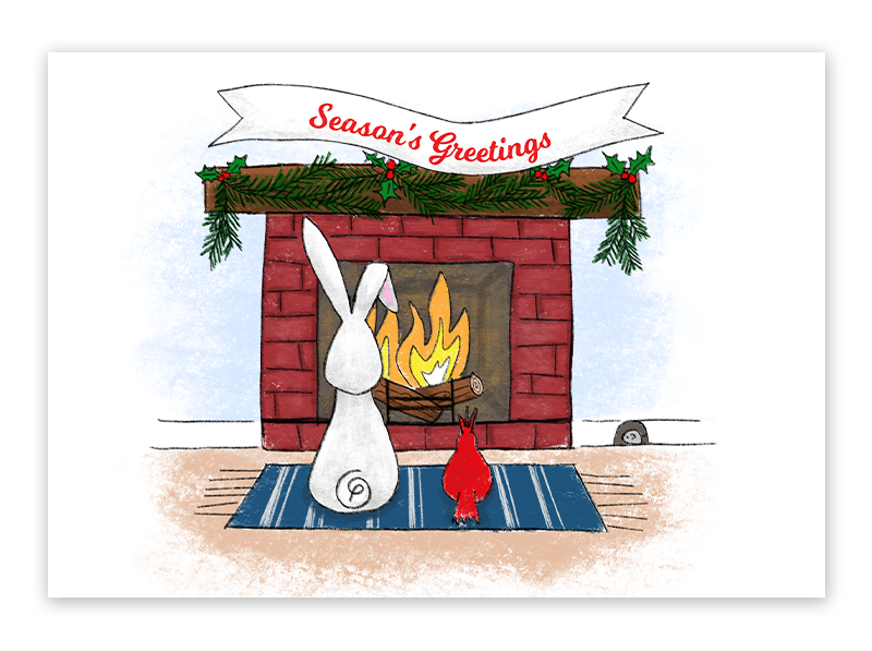 illustration of a bunny in front of a fireplace and a banner that says Season's Greetings