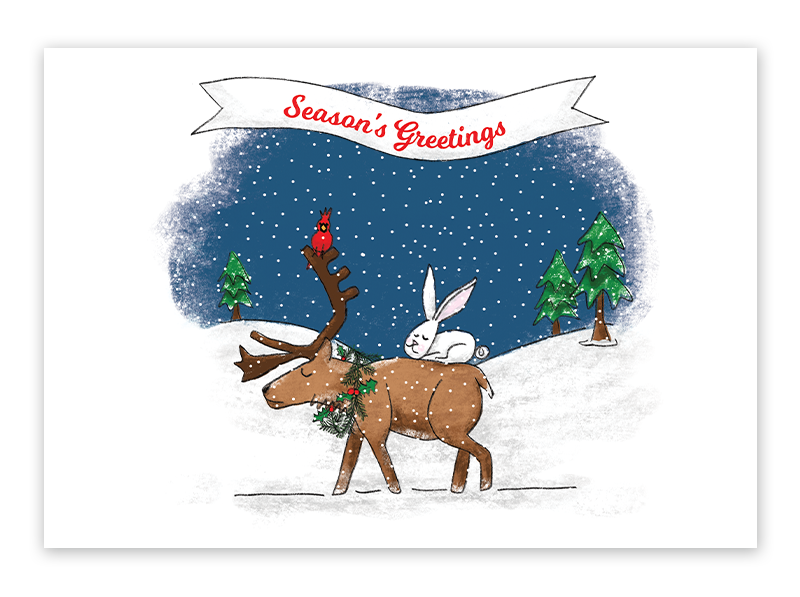 illustration of a bunny riding on the back of a reindeer and a banner that says Season's Greetings