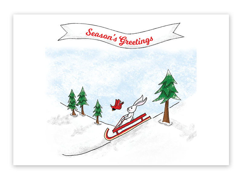 illustration of a bunny sledding down a hill and a banner that says Season's Greetings