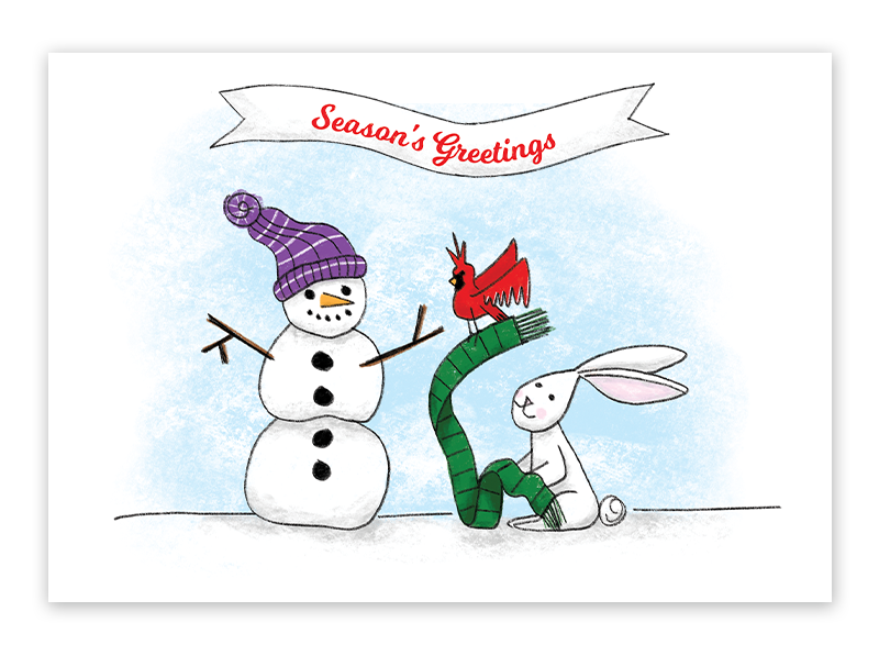 illustration of a bunny building a snowman and a banner that says Season's Greetings