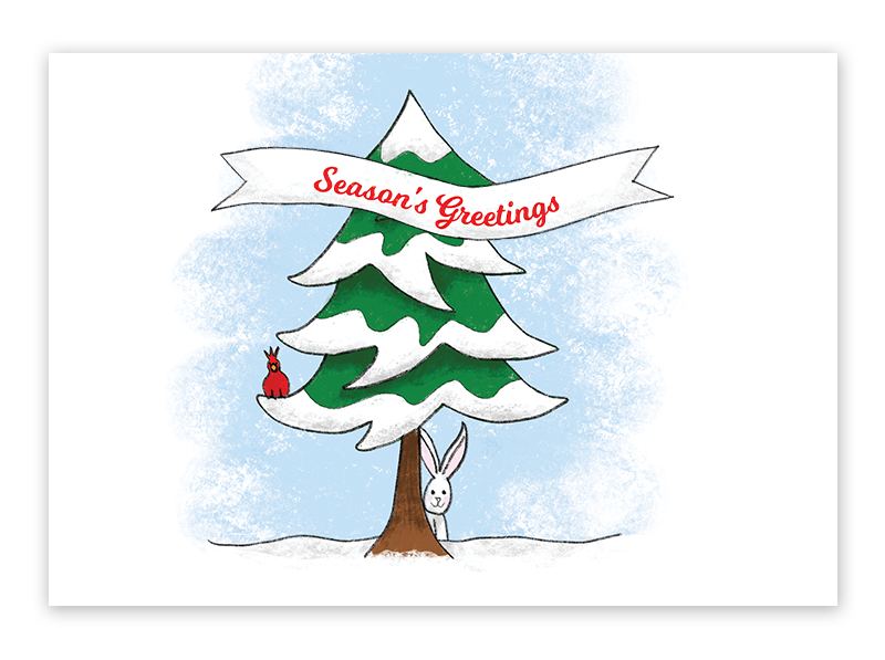 illustration of a bunny hiding behind a big pine tree and a banner that says Season's Greetings