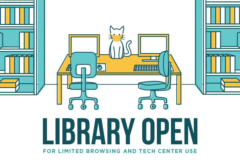 Library reopening branding illustration: cat sitting on a desk next to computers with bookshelves in the background. width=
