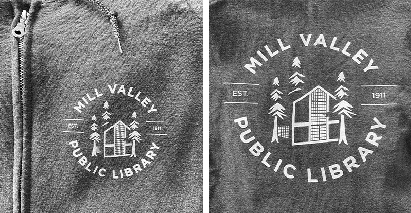 Mill Valley Public Library staff sweatshirt design on gray
sweatshirt