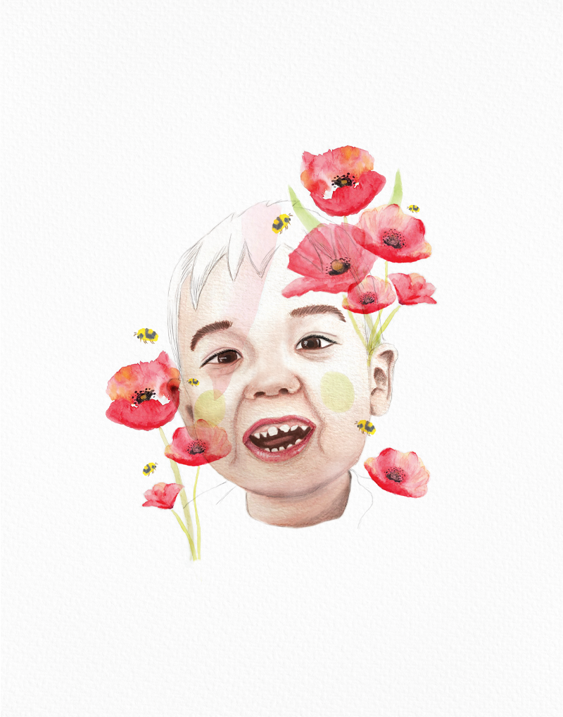 watercolor portrait of a boy with a big smile featuring poppies