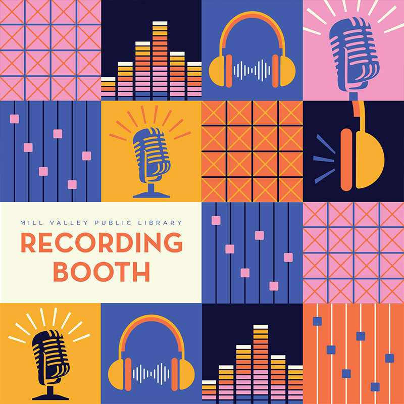 Mill Valley Public Library recording booth branding featuring different recording equipment and sound mixing illustrations