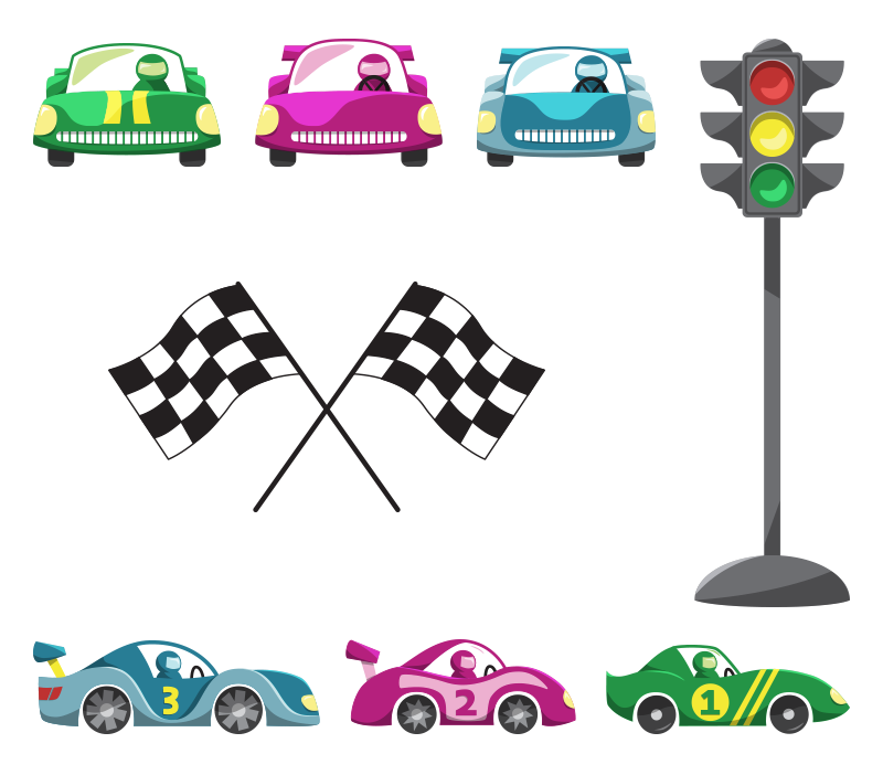 Ready, Set, Read! artwork featuring different variations of the green, pink and blue cars, a stoplight and black and white checkered racing flags