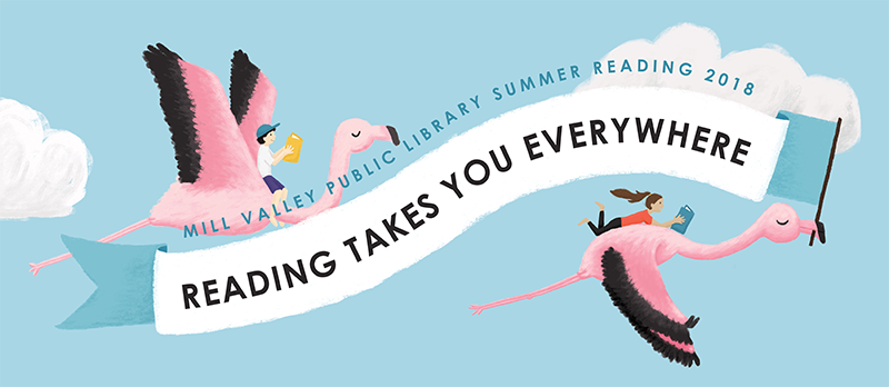children's Reading Takes You Everywhere summer reading program logo featuring two flying flamingos both carrying kids who are reading. One flamingo is carrying a banner that says Reading Takes You Everywhere