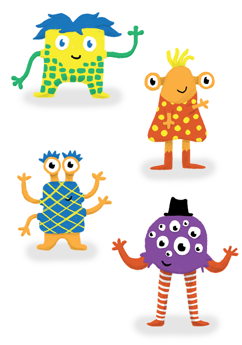 4 monsters: one
yellow with blue hair and green spots, one orange with a red polka dot
dress, one orange with a blue shirt and eyelashes, one purple with a top
hat a lot of eyes 
