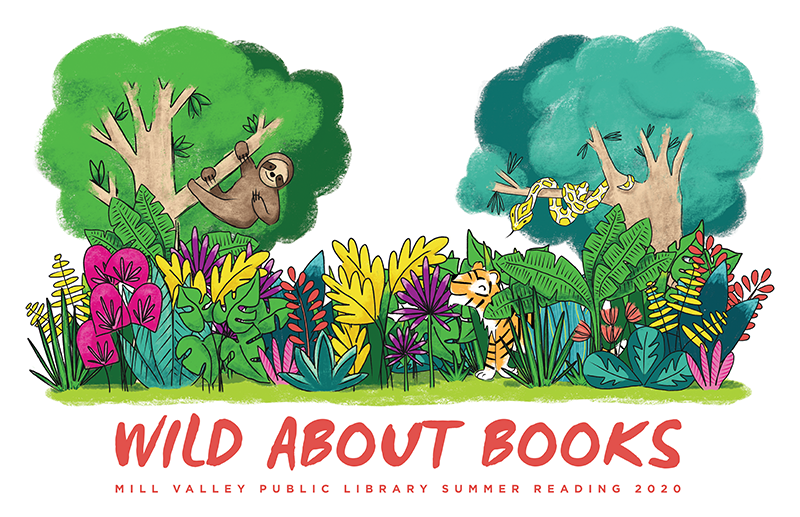 Children's Wild About Books logo artwork: a colorful forest with a
sloth hanging from a tree, a snake hanging in a different tree and a
tiger hiding in the foliage of the colorful plants