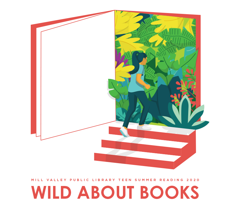 image
of the Teen Wild About Books logo artwork: an open book with a girl
walking up stairs and into the book page that features an inviting and
colorful forest